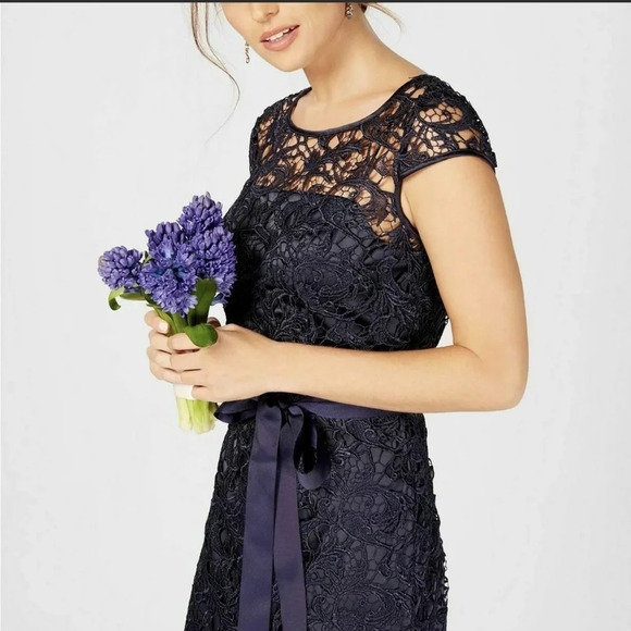 ADRIANNA PAPELL Illusion Cap Sleeve Floral Lace Satan Belt Tie Waist Dress sz.6 - Picture 2 of 15